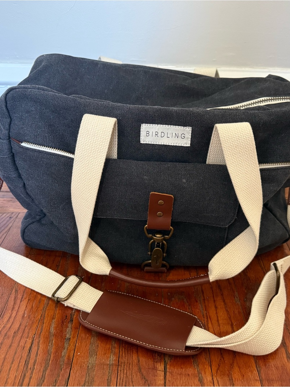 Birdling Black Canvas Duffel Bag with Cream Straps